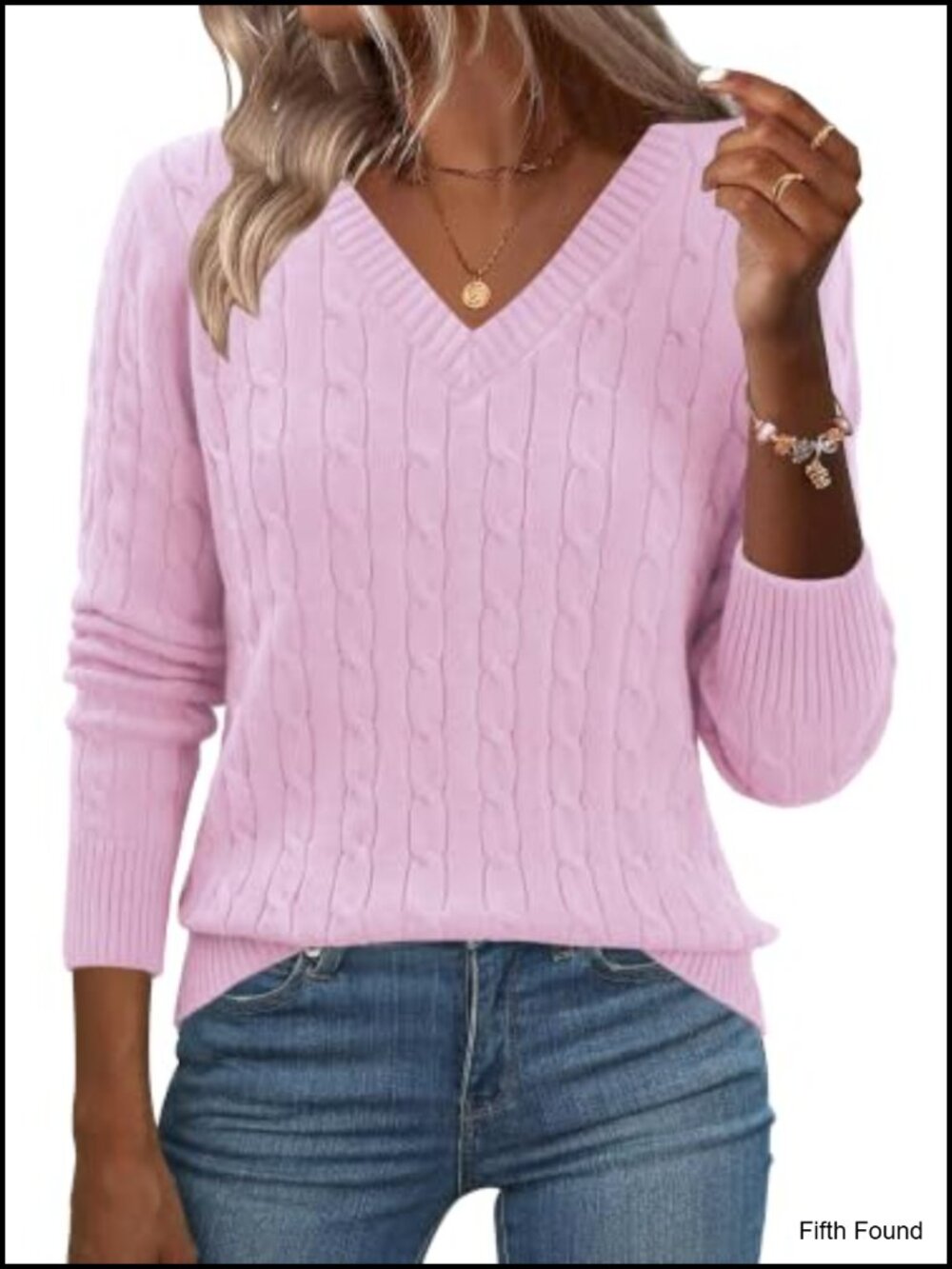 Cable Knit V Neck Slim Fit Sweater Ribbed Cuffs Long Sleeve Pullover